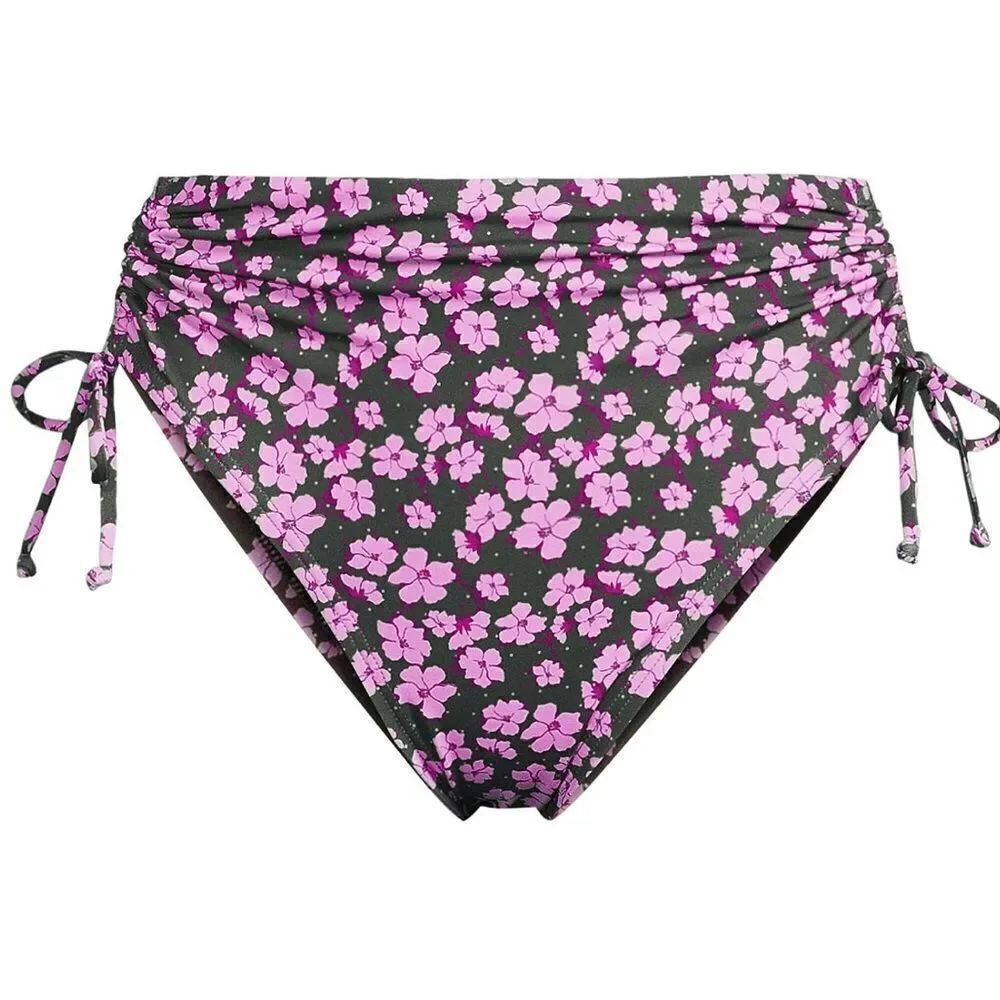 Land's End Adjustable high leg waist bikini swim bottom olive green pansy Var